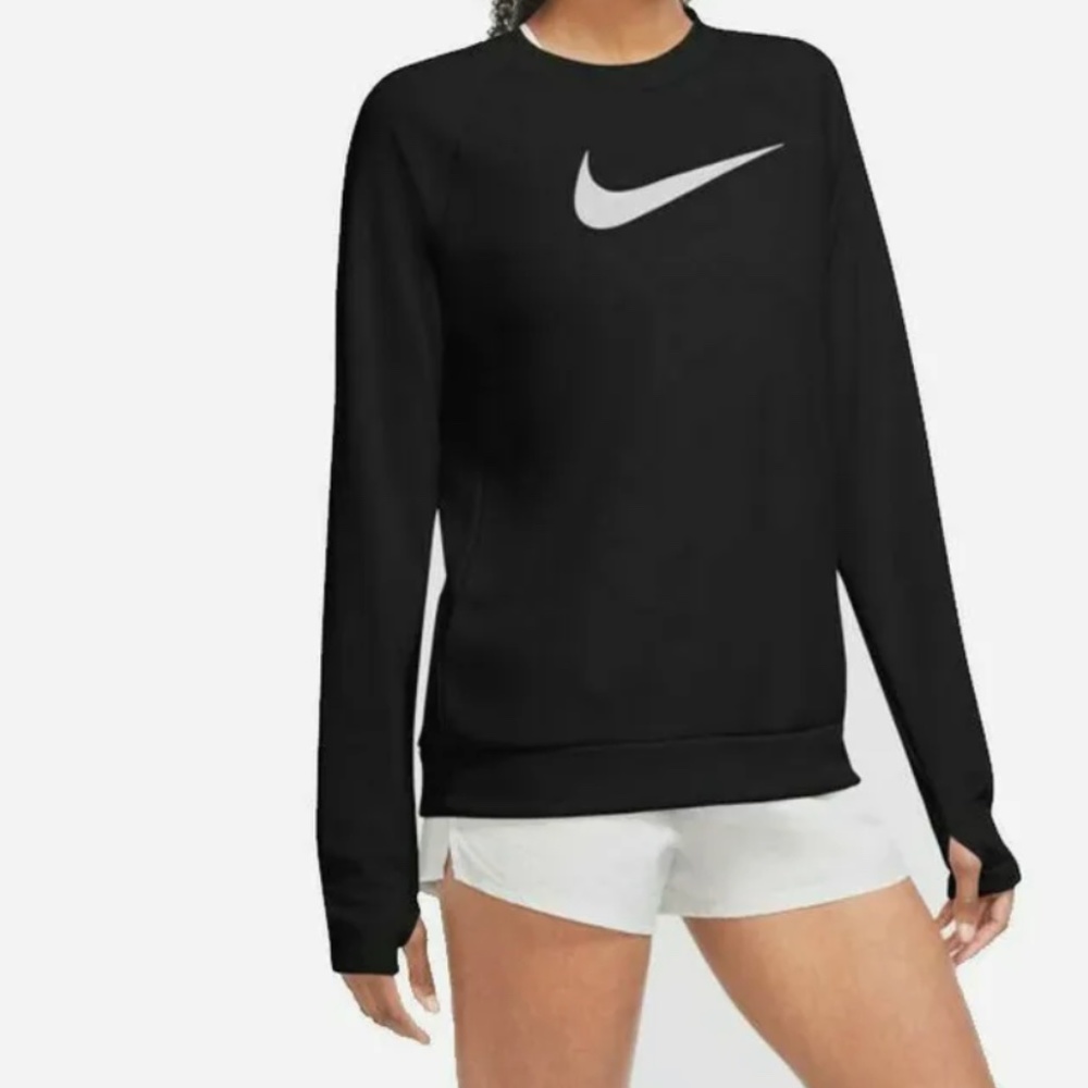 Nike Swoosh Running Crew Neck Shirt  Black - White Swoosh Size Small